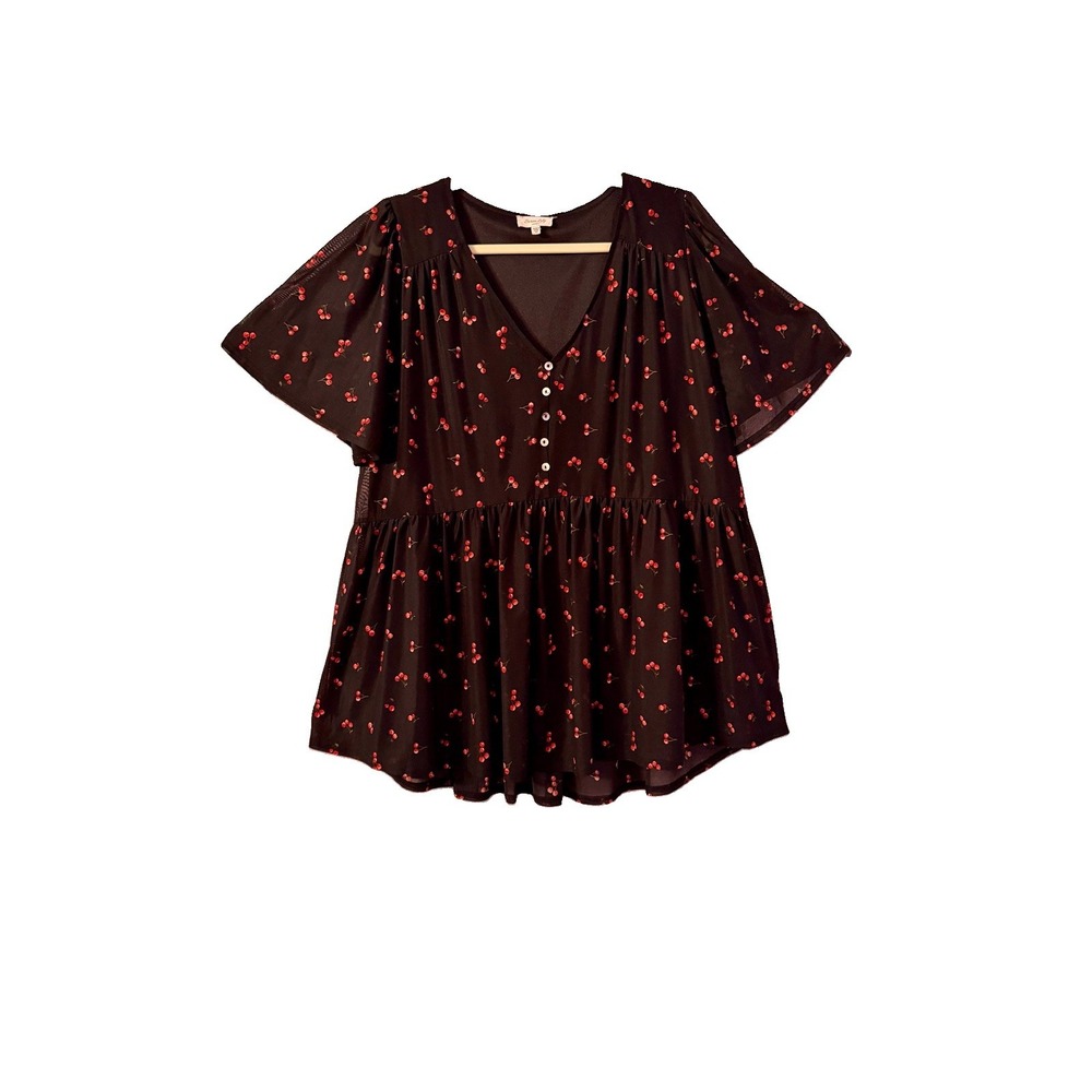 Vtg Siren Y2K Babydoll Top 2X Cherry Print Whimsigoth Fairy Grunge Rockabilly